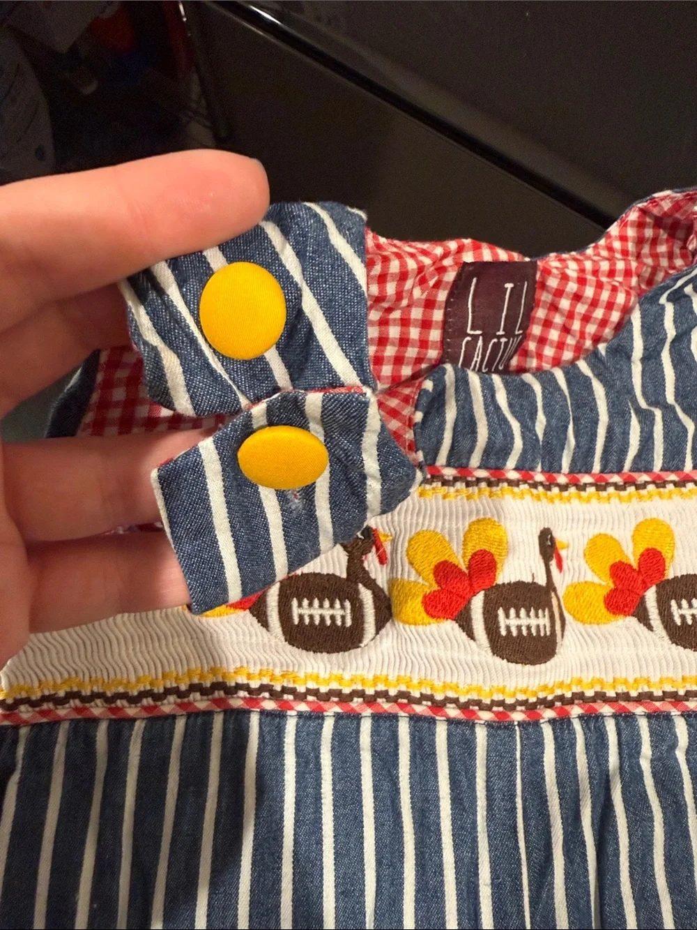 Lil Cactus Navy White Striped overalls Turkey Football Fall Smocking